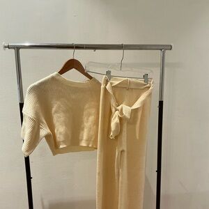 Elegant Cream Knit Wide-Leg Pants